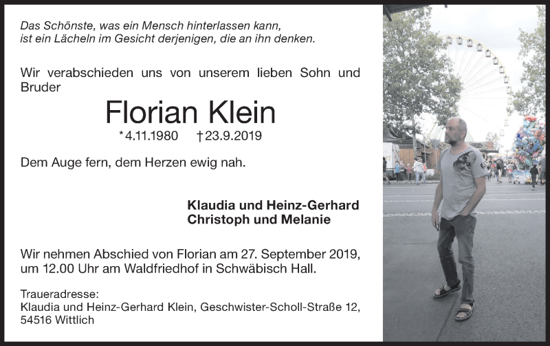  Traueranzeige für Florian Klein vom 26.09.2019 aus Haller Tagblatt