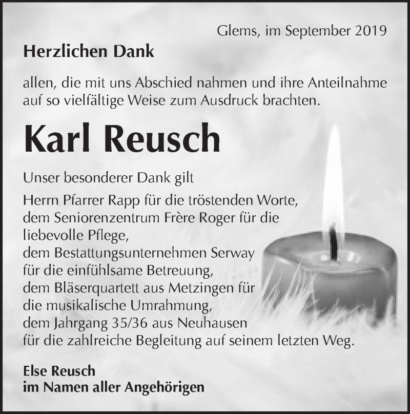  Traueranzeige für Karl Reusch vom 10.09.2019 aus Metzinger-Uracher Volksblatt