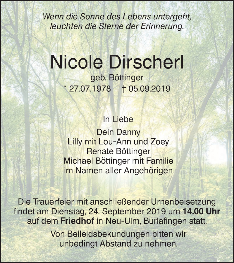  Traueranzeige für Nicole Dirscherl vom 19.09.2019 aus SÜDWEST PRESSE Ausgabe Ulm/Neu-Ulm