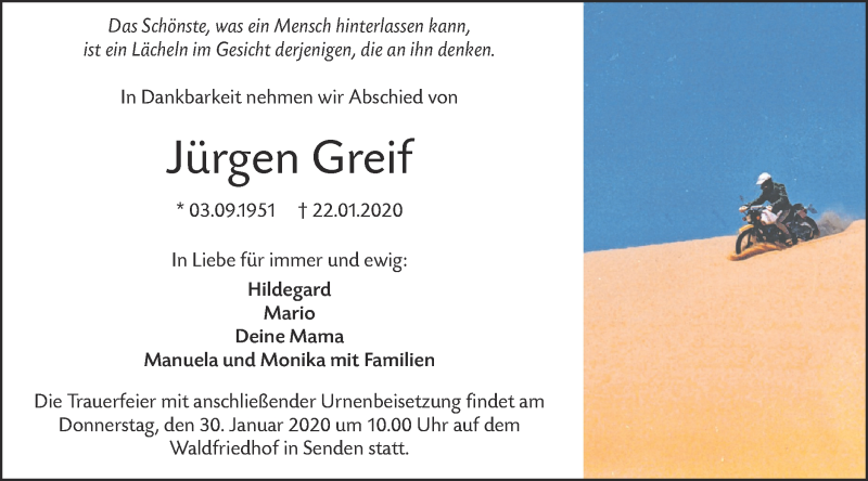  Traueranzeige für Jürgen Greif vom 25.01.2020 aus SÜDWEST PRESSE Ausgabe Ulm/Neu-Ulm