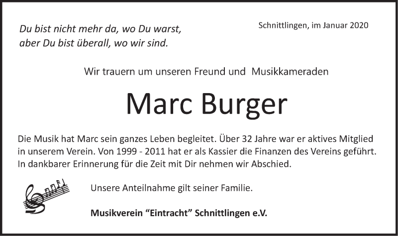  Traueranzeige für Marc Burger vom 29.01.2020 aus Geislinger Zeitung