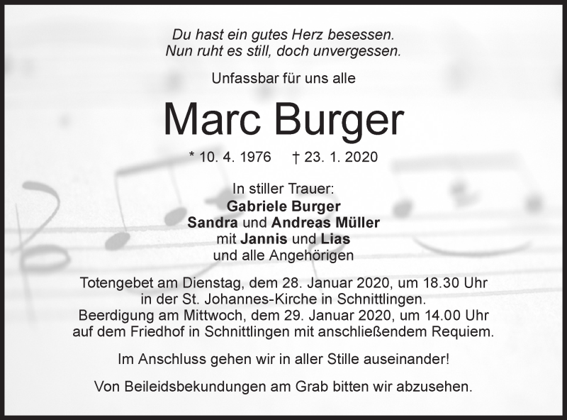  Traueranzeige für Marc Burger vom 27.01.2020 aus Geislinger Zeitung