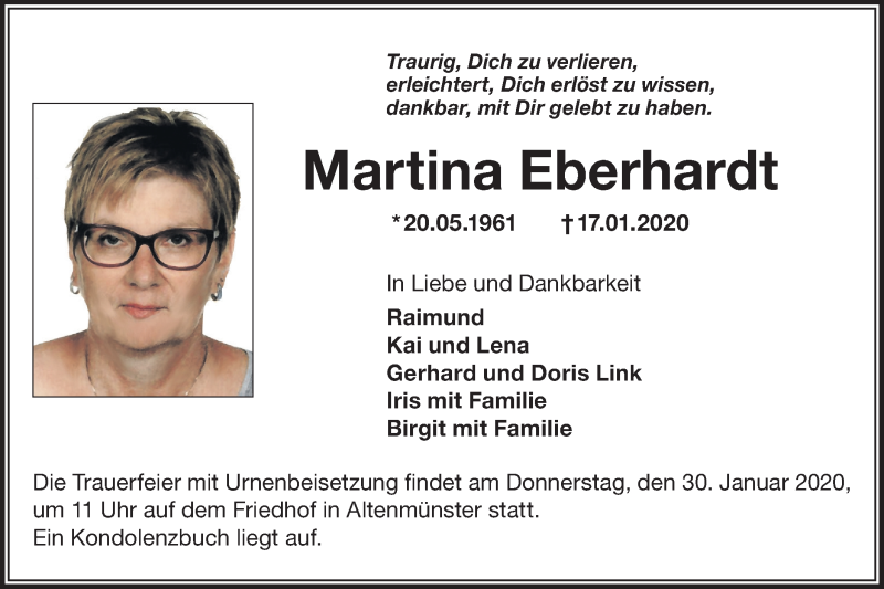  Traueranzeige für Martina Eberhardt vom 27.01.2020 aus Hohenloher Tagblatt