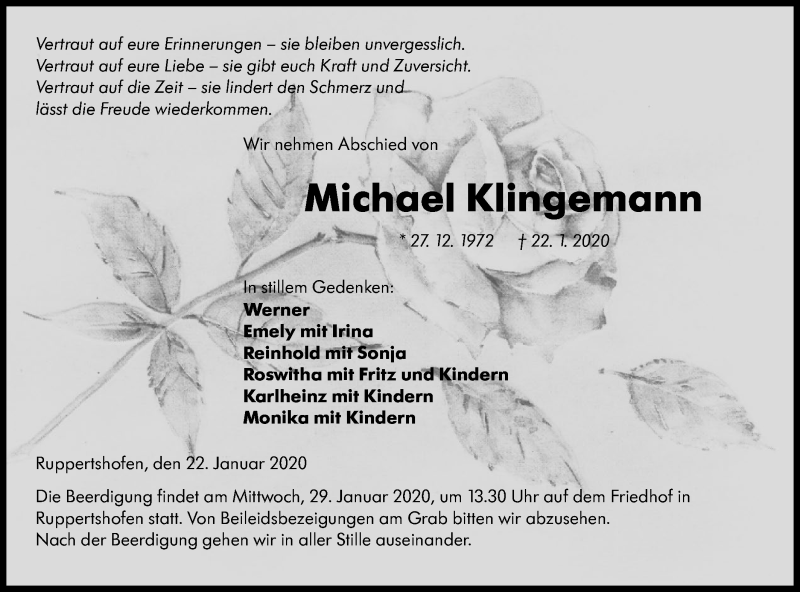  Traueranzeige für Michael Klingemann vom 27.01.2020 aus Hohenloher Tagblatt
