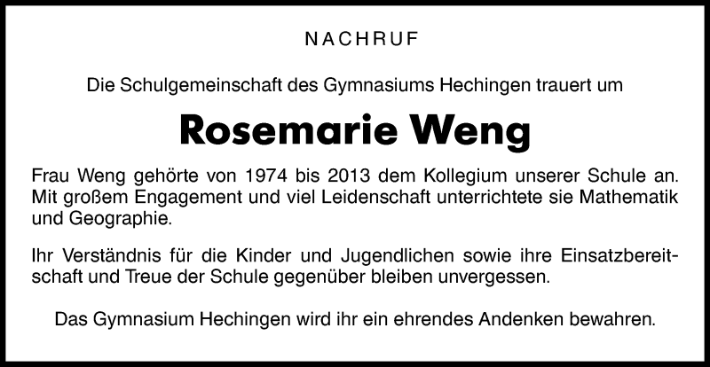  Traueranzeige für Rosemarie Weng vom 25.01.2020 aus Hohenzollerische Zeitung