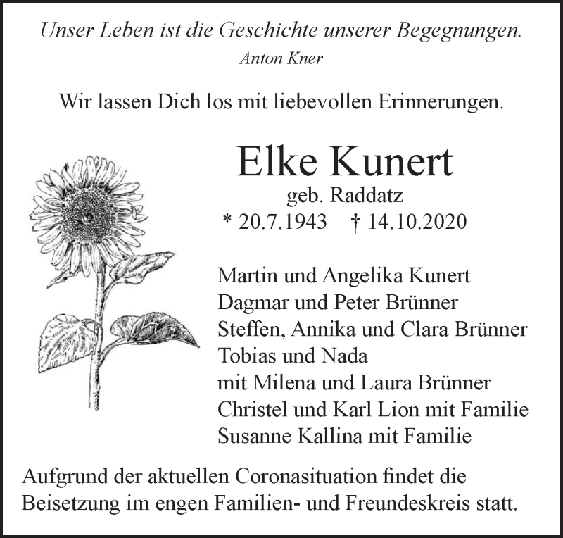  Traueranzeige für Elke Kunert vom 17.10.2020 aus SÜDWEST PRESSE Ausgabe Ulm/Neu-Ulm