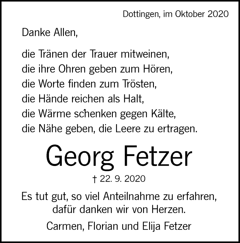  Traueranzeige für Georg Fetzer vom 13.10.2020 aus Alb-Bote/Metzinger-Uracher Volksblatt