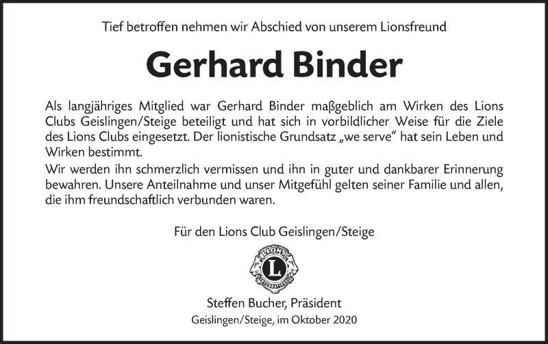 Traueranzeige für Gerhard Binder vom 24.10.2020 aus Geislinger Zeitung