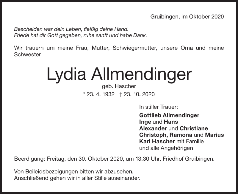  Traueranzeige für Lydia Allmendinger vom 28.10.2020 aus NWZ Neue Württembergische Zeitung