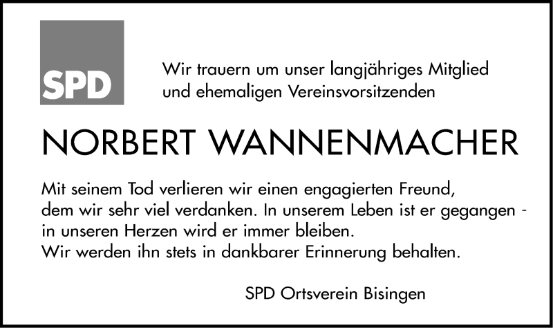  Traueranzeige für Norbert Wannenmacher vom 16.10.2020 aus Hohenzollerische Zeitung
