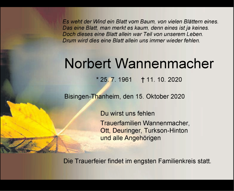  Traueranzeige für Norbert Wannenmacher vom 15.10.2020 aus Hohenzollerische Zeitung