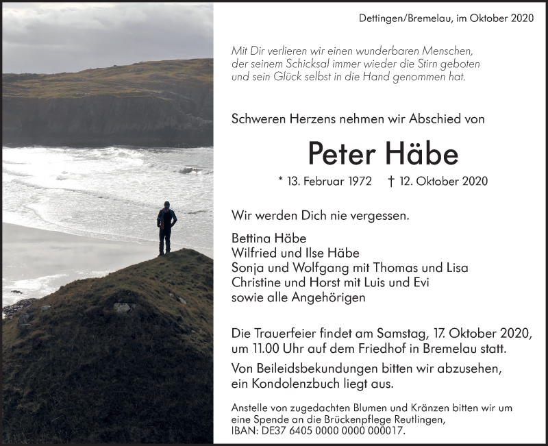  Traueranzeige für Peter Häbe vom 16.10.2020 aus Alb-Bote/Metzinger-Uracher Volksblatt