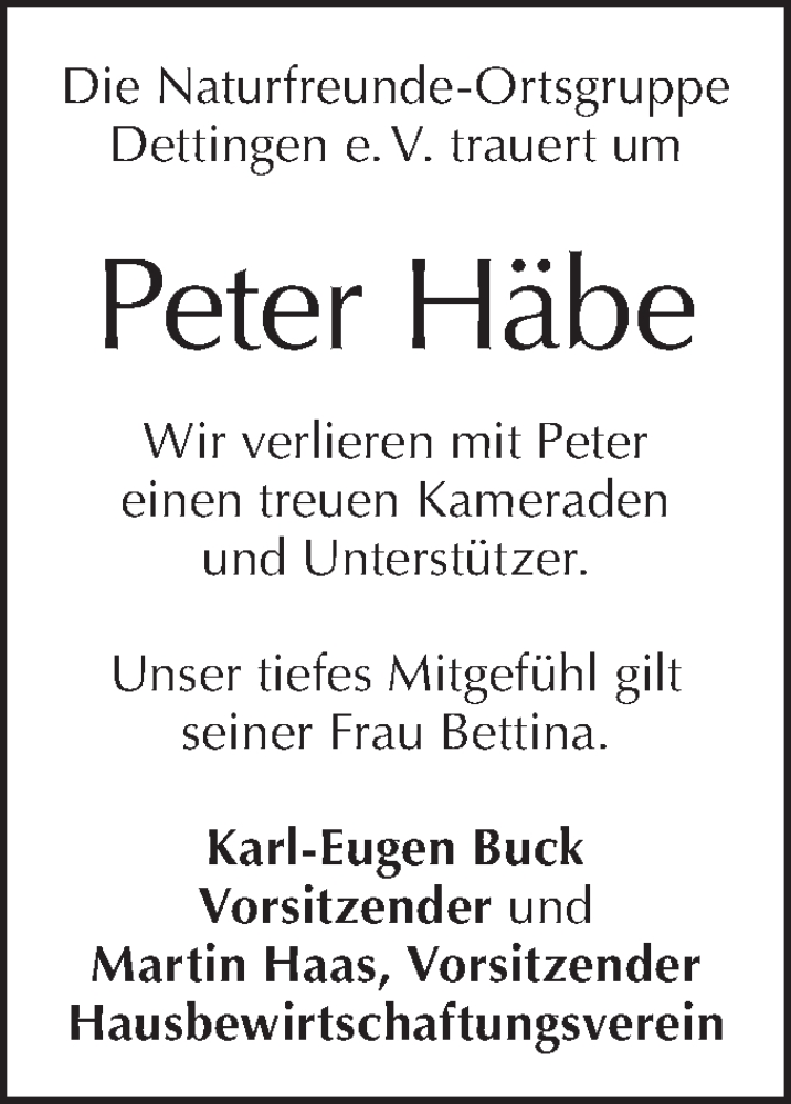  Traueranzeige für Peter Häbe vom 20.10.2020 aus Metzinger-Uracher Volksblatt