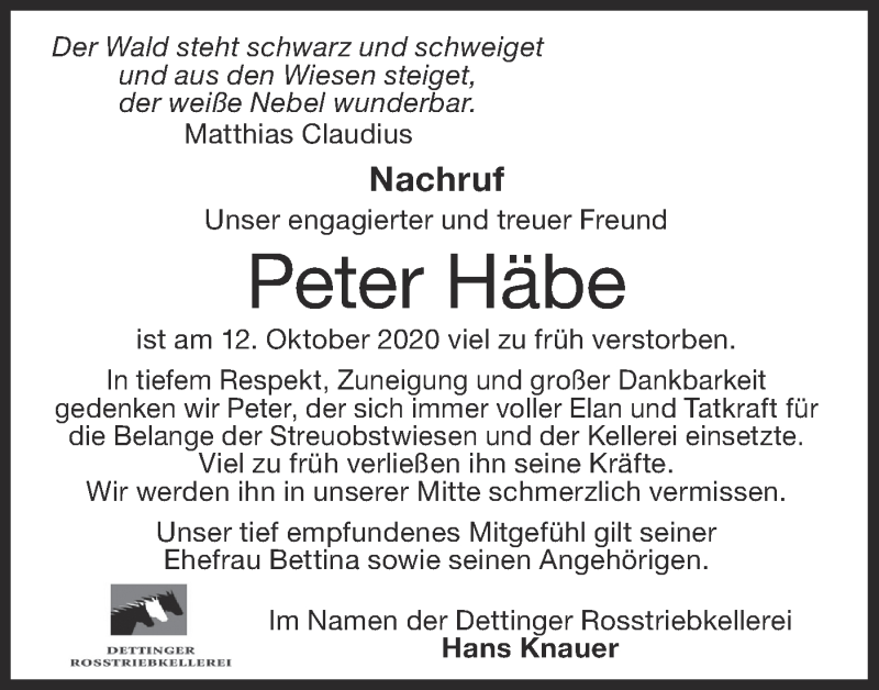  Traueranzeige für Peter Häbe vom 16.10.2020 aus Metzinger-Uracher Volksblatt