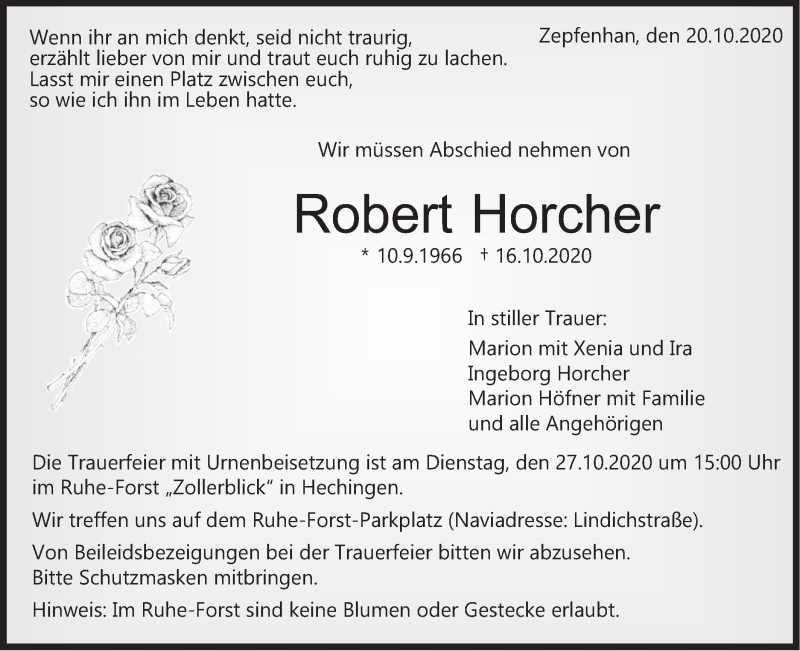  Traueranzeige für Robert Horcher vom 20.10.2020 aus Hohenzollerische Zeitung