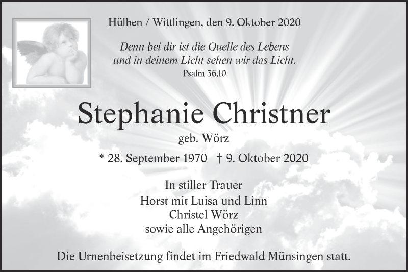  Traueranzeige für Stephanie Christner vom 16.10.2020 aus Alb-Bote/Metzinger-Uracher Volksblatt