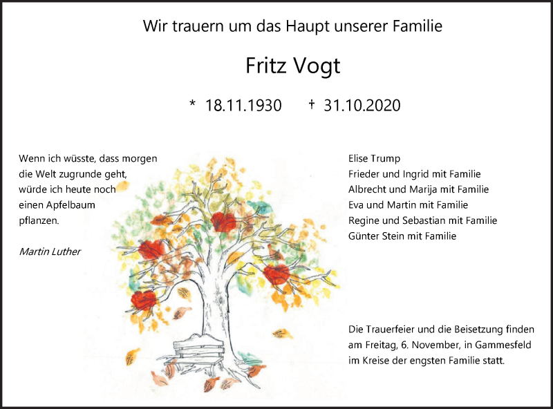  Traueranzeige für Fritz Vogt vom 04.11.2020 aus Hohenloher Tagblatt