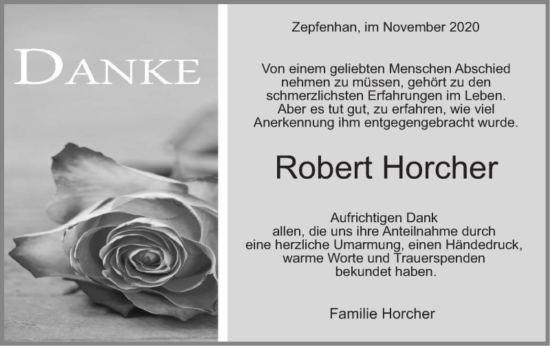  Traueranzeige für Robert Horcher vom 04.11.2020 aus Hohenzollerische Zeitung