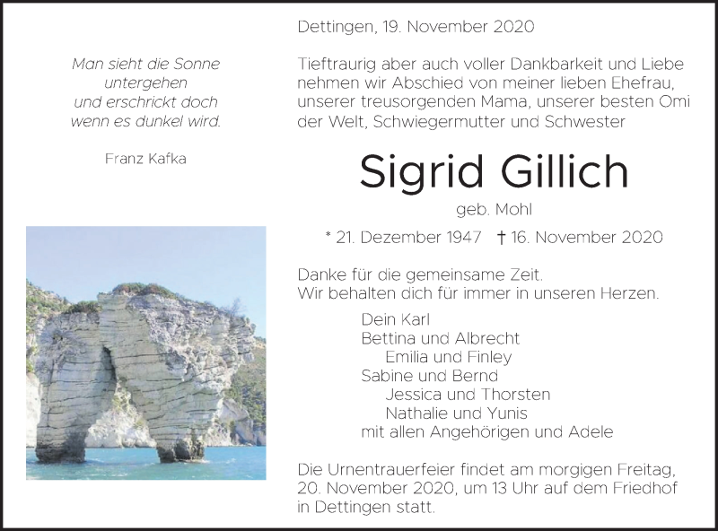  Traueranzeige für Sigrid Gillich vom 19.11.2020 aus Metzinger-Uracher Volksblatt