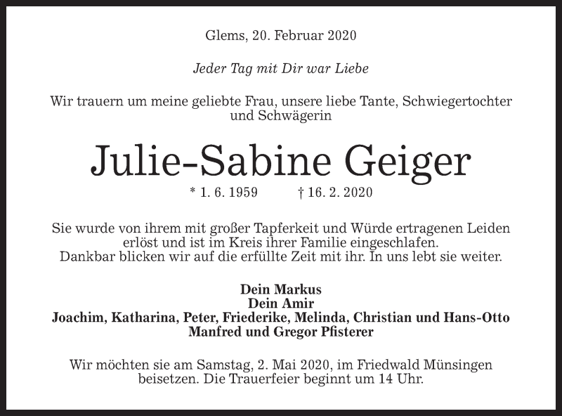  Traueranzeige für Julie-Sabine Geiger vom 20.02.2020 aus Metzinger-Uracher Volksblatt