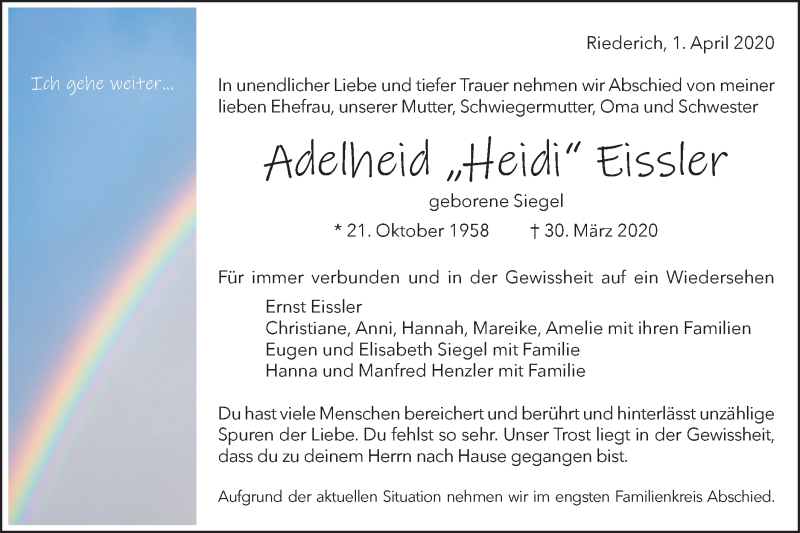  Traueranzeige für Adelheid Eissler vom 01.04.2020 aus Metzinger-Uracher Volksblatt