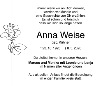 Traueranzeige von Anna Weise von SÜDWEST PRESSE Ausgabe Ulm/Neu-Ulm