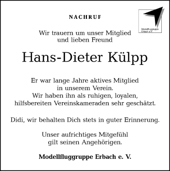 Traueranzeige von Hans-Dieter Külpp von SÜDWEST PRESSE Ausgabe Ulm/Neu-Ulm