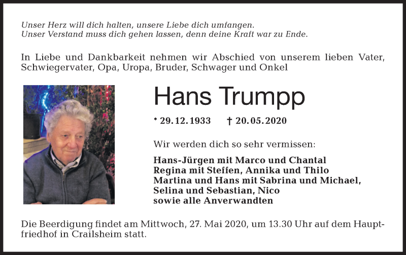  Traueranzeige für Hans Trumpp vom 25.05.2020 aus Hohenloher Tagblatt