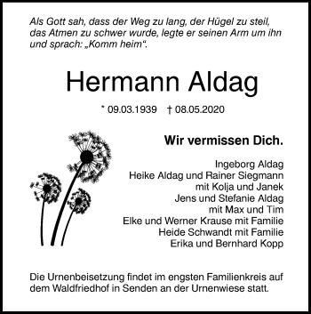 Traueranzeige von Hermann Aldag von SÜDWEST PRESSE Ausgabe Ulm/Neu-Ulm