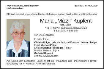 Traueranzeige von Maria Kuplent von NWZ Neue Württembergische Zeitung