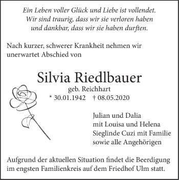 Traueranzeige von Silvia Riedlbauer von SÜDWEST PRESSE Ausgabe Ulm/Neu-Ulm