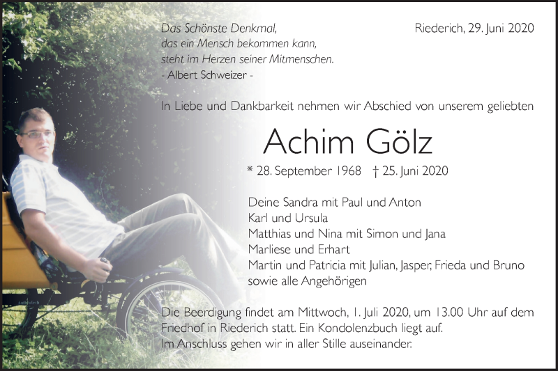  Traueranzeige für Achim Gölz vom 29.06.2020 aus Metzinger-Uracher Volksblatt