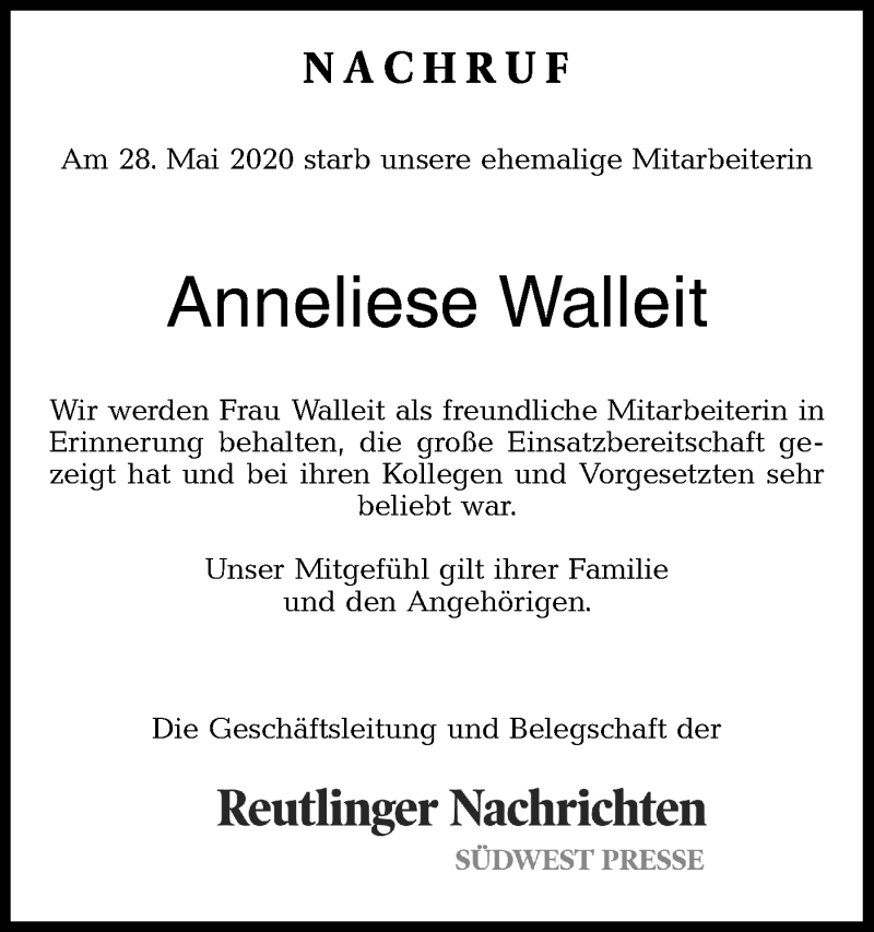  Traueranzeige für Anneliese Walleit vom 04.06.2020 aus Metzinger-Uracher Volksblatt
