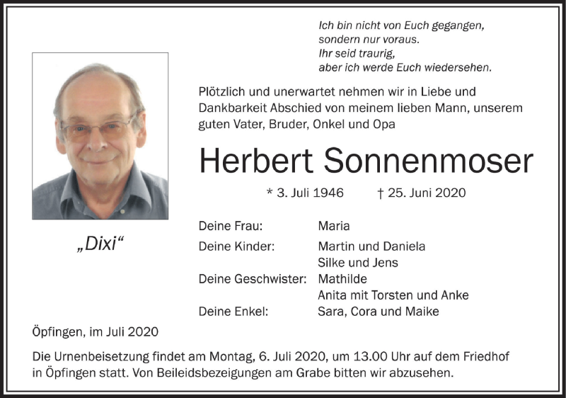  Traueranzeige für Herbert Sonnenmoser vom 01.07.2020 aus Ehinger Tagblatt