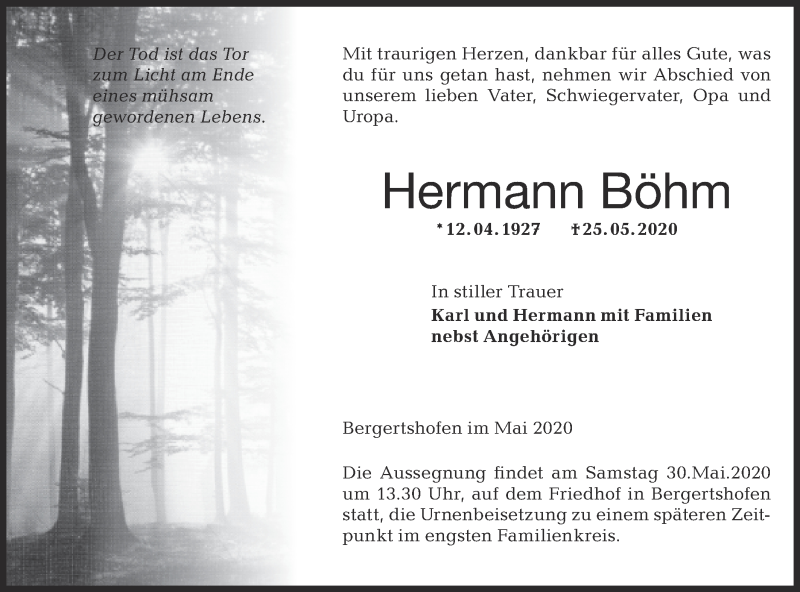  Traueranzeige für Hermann Böhm vom 29.05.2020 aus Hohenloher Tagblatt