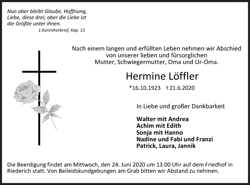  Traueranzeige für Hermine Löffler vom 22.06.2020 aus Metzinger-Uracher Volksblatt