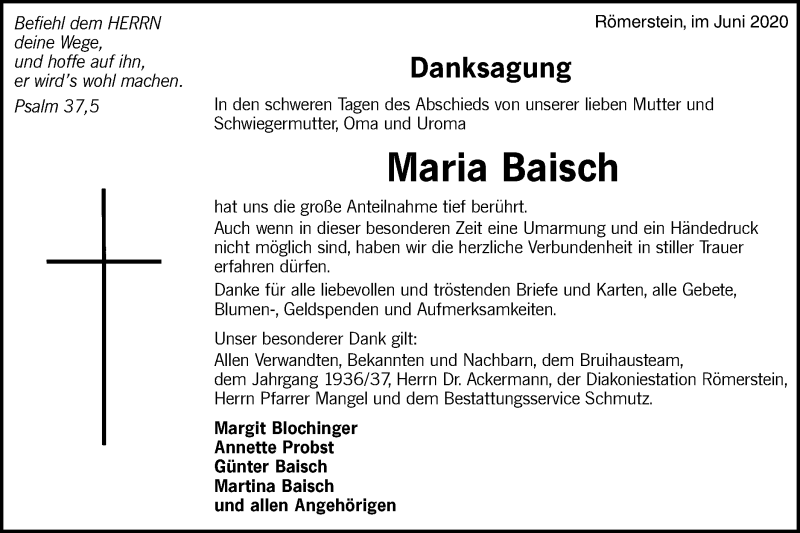  Traueranzeige für Maria Baisch vom 25.06.2020 aus Alb-Bote/Metzinger-Uracher Volksblatt