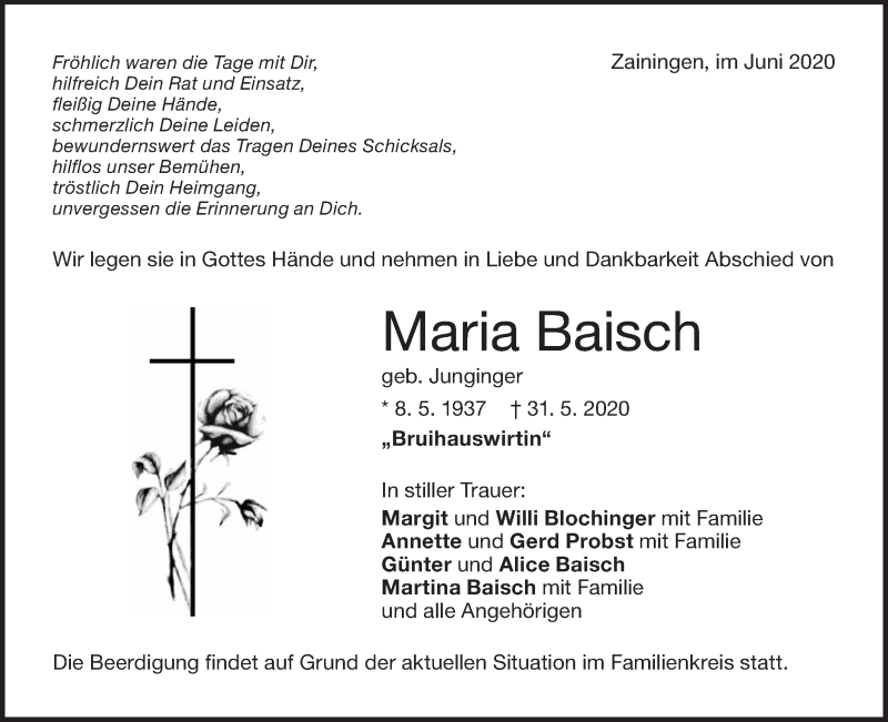  Traueranzeige für Maria Baisch vom 02.06.2020 aus Metzinger-Uracher Volksblatt