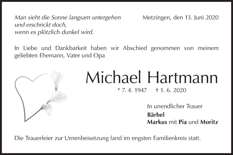  Traueranzeige für Michael Hartmann vom 13.06.2020 aus Metzinger-Uracher Volksblatt