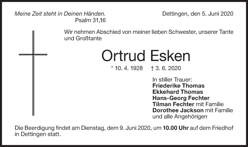  Traueranzeige für Ortrud Esken vom 05.06.2020 aus Metzinger-Uracher Volksblatt