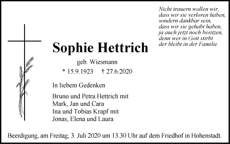  Traueranzeige für Sophie Hettrich vom 01.07.2020 aus Geislinger Zeitung