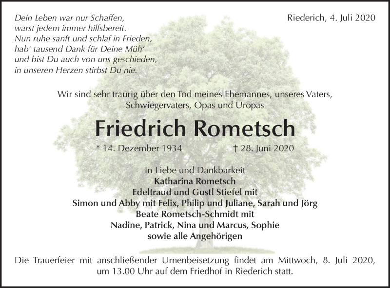  Traueranzeige für Friedrich Rometsch vom 04.07.2020 aus Metzinger-Uracher Volksblatt
