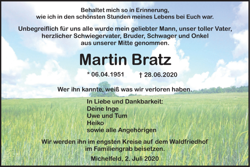  Traueranzeige für Martin Bratz vom 02.07.2020 aus Haller Tagblatt