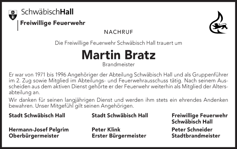  Traueranzeige für Martin Bratz vom 03.07.2020 aus Haller Tagblatt
