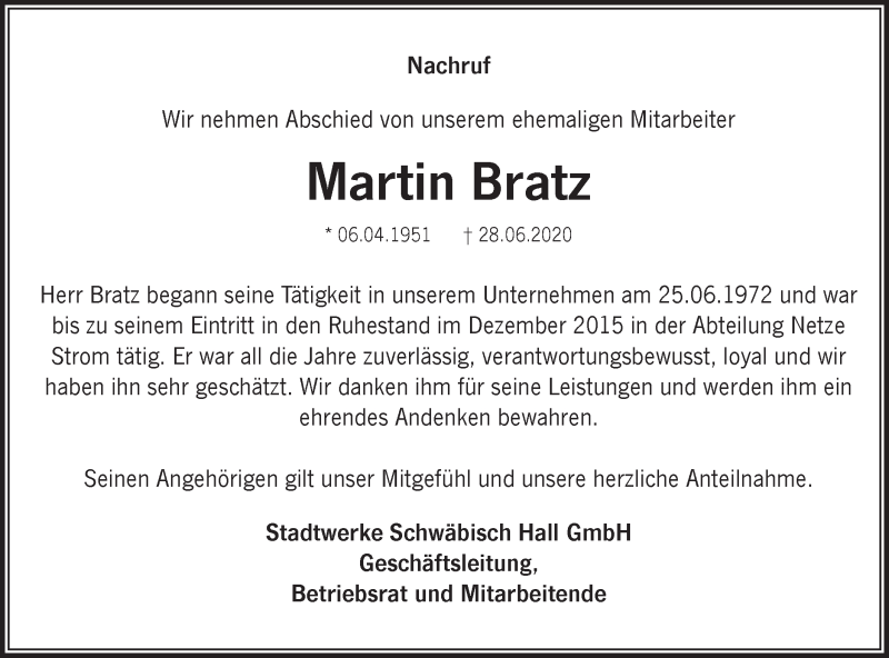  Traueranzeige für Martin Bratz vom 03.07.2020 aus Haller Tagblatt
