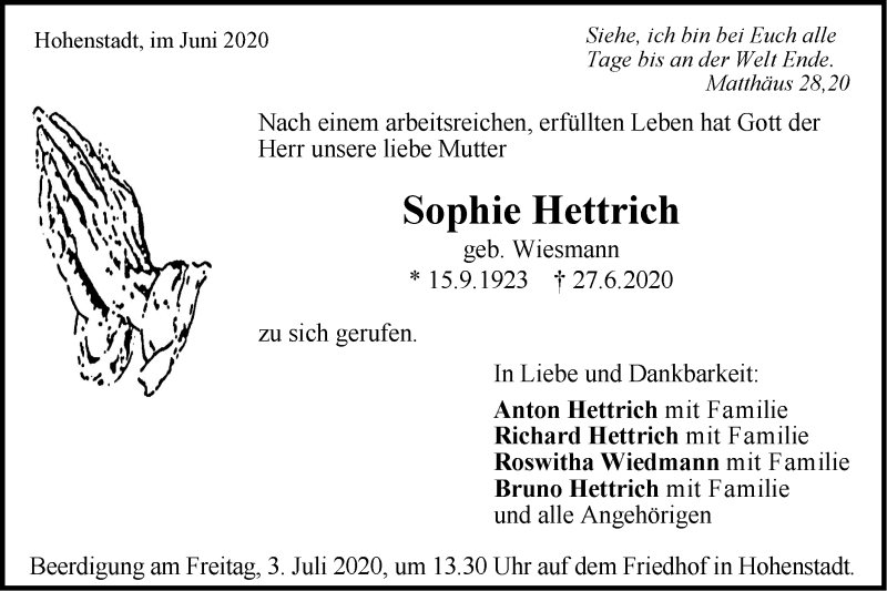  Traueranzeige für Sophie Hettrich vom 02.07.2020 aus Geislinger Zeitung