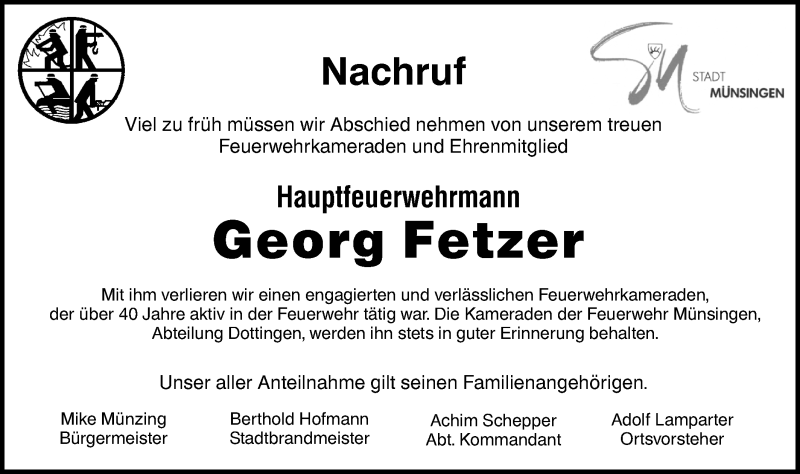  Traueranzeige für Georg Fetzer vom 28.09.2020 aus Alb-Bote/Metzinger-Uracher Volksblatt