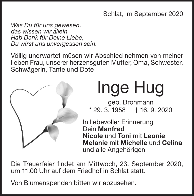  Traueranzeige für Inge Hug vom 19.09.2020 aus NWZ Neue Württembergische Zeitung