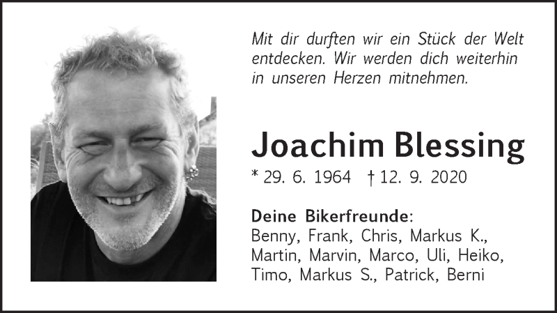  Traueranzeige für Joachim Blessing vom 01.10.2020 aus NWZ Neue Württembergische Zeitung