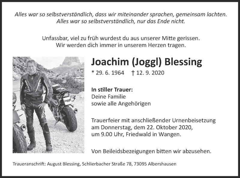 Traueranzeige für Joachim Blessing vom 24.09.2020 aus NWZ Neue Württembergische Zeitung